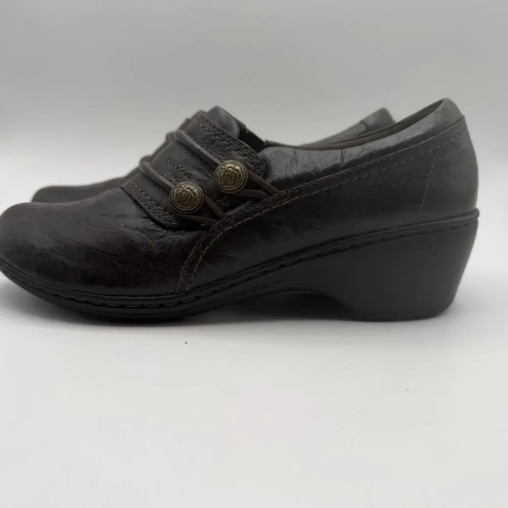 Clarks Mottled Brown Leather Women's Shoes‎ Sz 7 M Rose Button Slip On Comfort